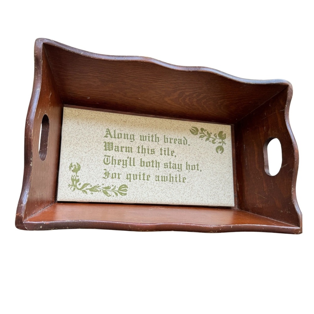 Vintage Wooden Bread Basket with Ceramic Warming Tile Tray Farmhouse Decor